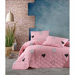Ružová prikrývka cez posteľ s 2 obliečkami na vankúš z ranforce bavlny EnLora Home Hati, 225 x 240 cm